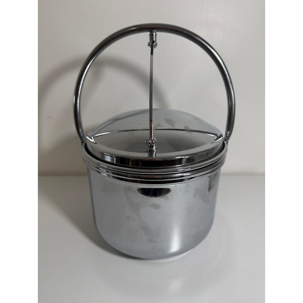 Pyrex Ice Bucket Vintage 2 QT Silver Chrome MCM Barware with Tongs 4-22 USA